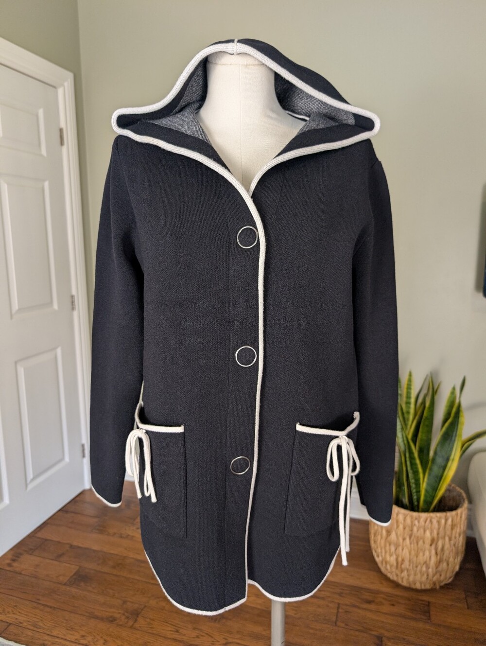Linea Domani Black White Hooded Cardigan Sweater Coat Minimalist Size M